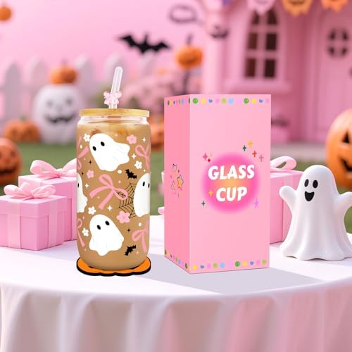 Halloween Glass Cups with Lids and Straws, Cute Halloween Gifts Basket