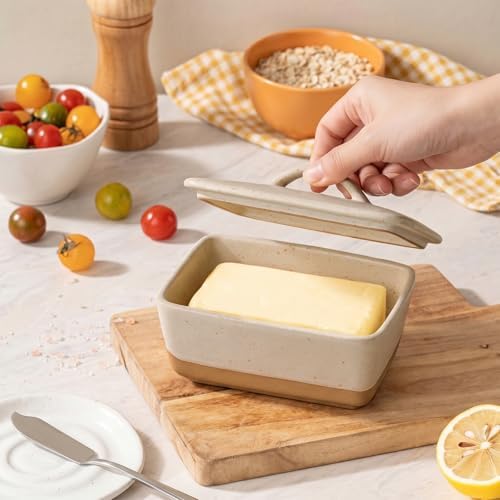Beige Stoneware Vintage Butter Dish with Lid for Kitchen Countertop