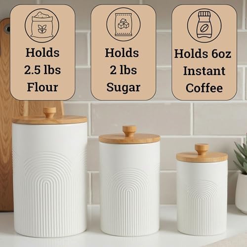 Ceramic Kitchen Canisters for Countertop Set of 3 w/ Airtight Bamboo