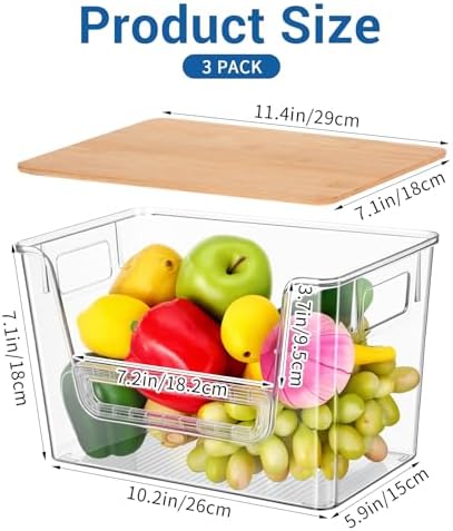 3 Set Pantry Organizers and Storage with Bamboo Lids, Stackable Clear