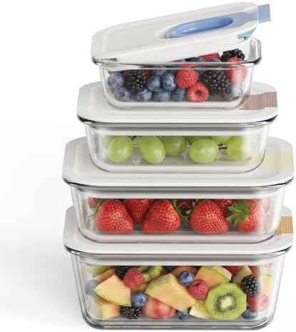 GENICOOK 4 Pack Glass Produce Containers for Fridge with Slide Lid
