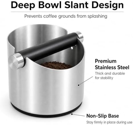 Espresso Knock Box, Stainless Steel Coffee Grounds Bin, Non-Slip Base