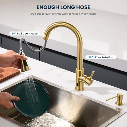 Touchless Kitchen Faucet with Pull-Down Sprayer, Brushed Gold