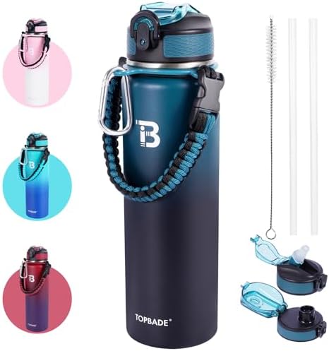 TOPBADE 32oz Insulated Water Bottle with Straw Lid & Spout Lid &