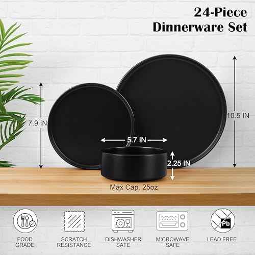E-far Black Dinnerware Sets for 8, 24-Piece Stoneware Plates and Bowls Sets