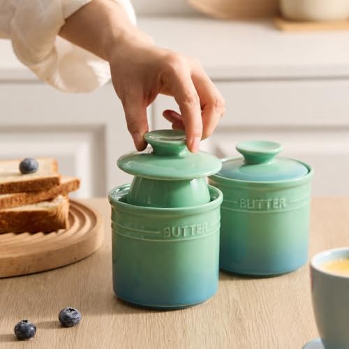 Ceramic French Butter Crock with Lid, Green