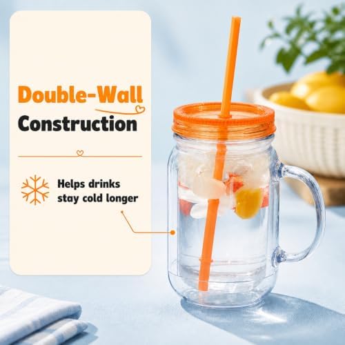 Plastic Mason Jars with Handles, Lids and Straws | 20 oz Double
