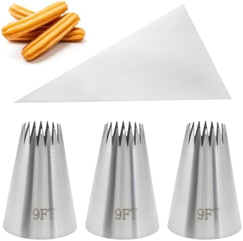 3Pcs 9FT Churro Piping Tips With 10 Bags, Stainless Steel