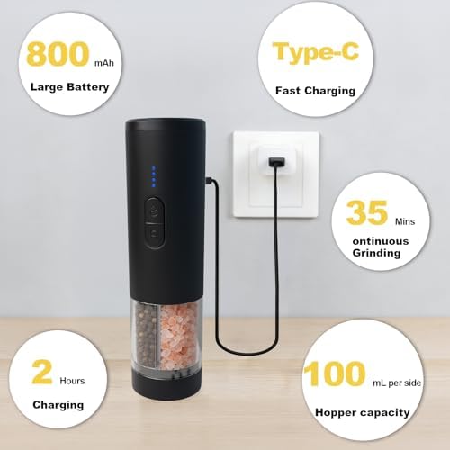 Electric Salt and Pepper Grinder Set, USB-Rechargeable, Black