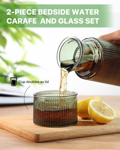 Bedside Water Carafe and Glass Set, 27oz, Vertical Striped
