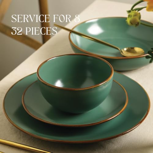 Stone Lain Brasa Stoneware 32 Piece Modern Dinnerware Sets, Plates and Bowls, Service for 8, Green, Microwave & Dishwasher Safe