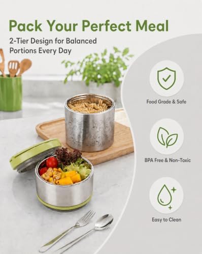 Lille Home 2-Tier Vacuum Insulated Stainless Steel Lunch Box, 32oz