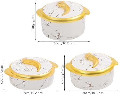 3-Piece 1.5L/2L/2.5L Thermal Dish Set with Lids, Insulated Stainless Steel Container for Hot & Cold Food, Serving Bowl for Buffets/Parties (White, Gold)