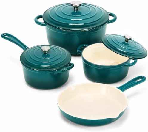 4-Piece Enameled Cast Iron Cookware Set, Skillet & Dutch Ovens, Teal