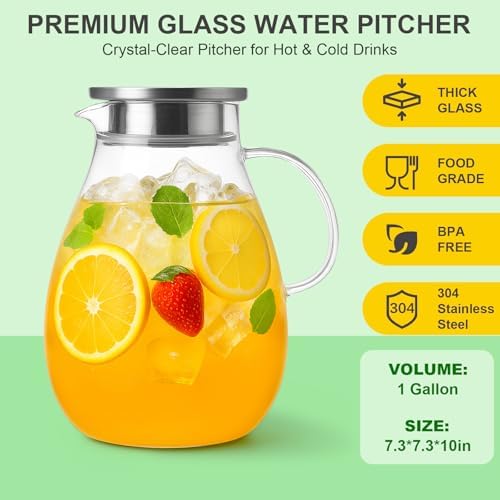 Glass Pitcher with Lid, 1 Gallon / 128oz Glass Water Jug for Hot and