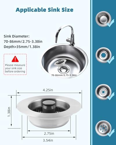 Universal 3 in 1 Kitchen Sink Stopper Strainer, 304 Stainless Steel