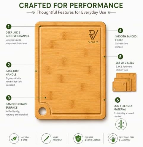 3 Pack Bamboo Cutting Boards for Kitchen - Non-Toxic Wooden Chopping