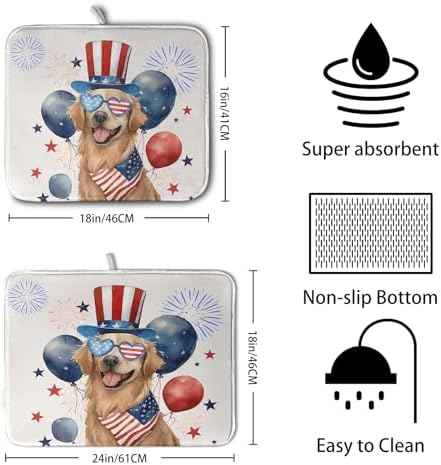 4th of July Patriotic Dog Dish Drying Mat 16 x 18 Inch US Independence
