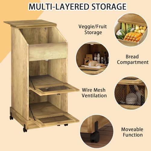 Potato Storage Bin, Wooden Bread Bins with Wheel, Movable Onion