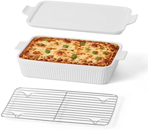 Frewinky 9x13 Ceramic Baking Dish with Lid and Roasting Rack, White