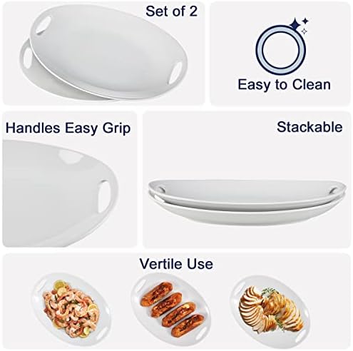 Buyajuju Porcelain Serving Platter with Handles, 14" Serving Dishes for Entertaining, Oval Serving Tray for Salad, Stew, Fruits and Pasta, Set of 2, White