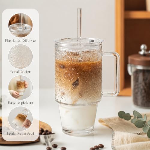 KEMORELA 24oz Ribbed Glass Tumbler with Handle & Lid, Iced Coffee Cups