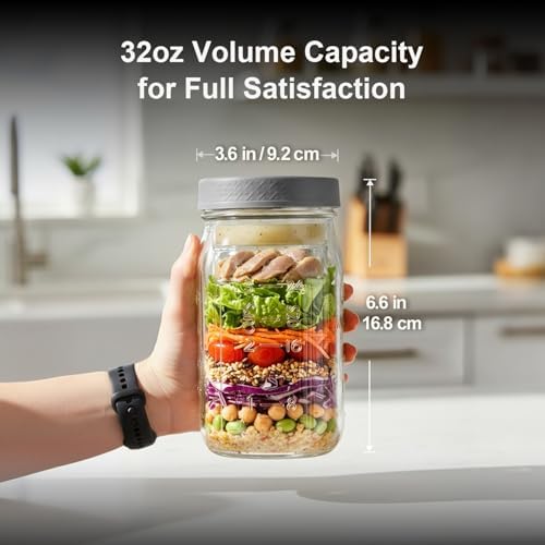 ComSaf 32 oz Glass Salad Jars with Dressing Cup 4 Pack Meal Prep Mason