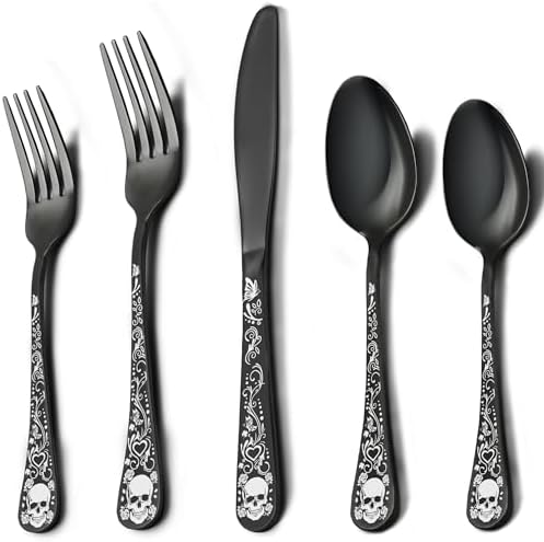 Skull Black Silverware Set for 4, 20-Piece Black Flatware Set, Gothic
