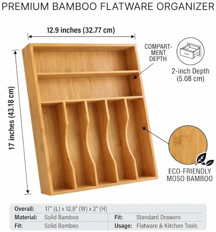 PINTUS 7-Slot Bamboo Cutlery Drawer Organizer, Medium Utensil Tray