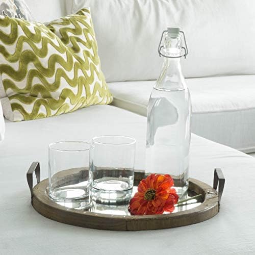 Stonebriar Round Brown Wood Serving Tray with Metal Handles and