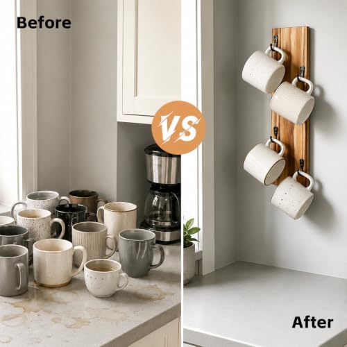 Yohsnor Coffee Mug Wall Rack - Stylish Wooden Cup Holder &