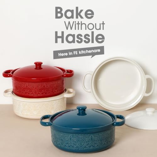 FE Casserole Dish with Lid, 2 Quart Ceramic Baking Dish, Bright White