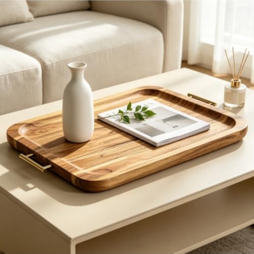 Rectangular Acacia Wood Serving Tray with Gold Handles, 22.5 x13 x1 in