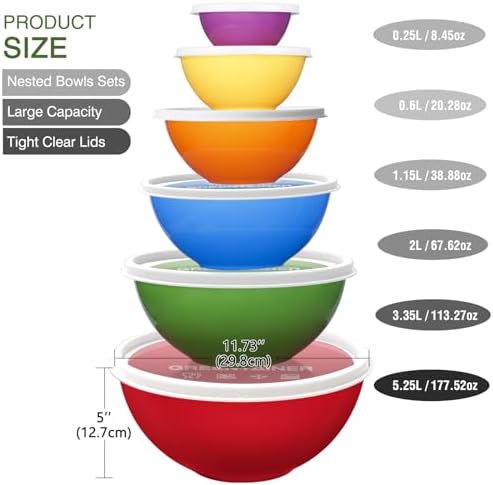 Greentainer Plastic Mixing Bowls with Lids Set for Kitchen, 6 Set