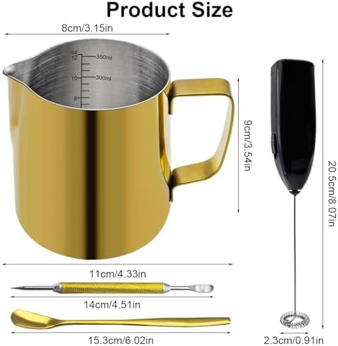 Gold Professional Milk Frothing Pitcher Set, 12oz (350ml) Stainless