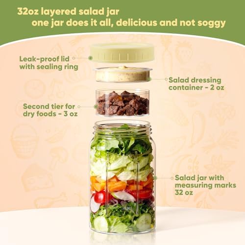 4 Pack 32OZ Glass Salad Jars Container with Dressing Cup for meal prep