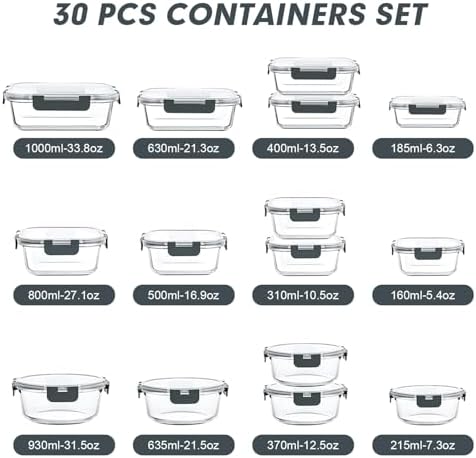 VERONES 30-Piece Glass Food Storage Containers Set, Grey