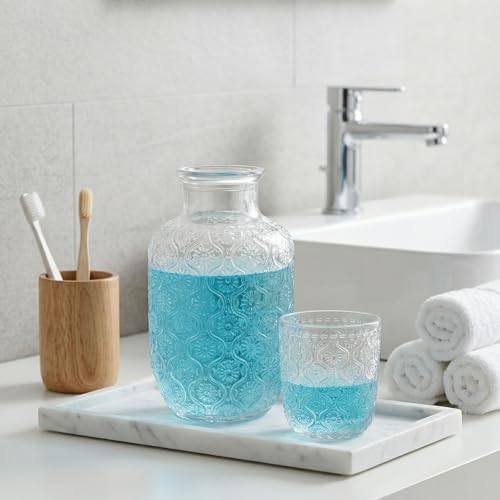 AVLA 4 Pcs Bedside Water Carafe and Glass Tumblers, 20 OZ Clear