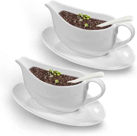 Qlans Gravy Boat With Ladle and Saucer 17 Oz,White Ceramic Sauce Boat