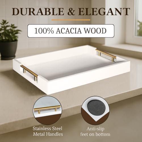 Serving Tray with Handles – 17 x 12 x 2 Inch White Acacia Wood Ottoman