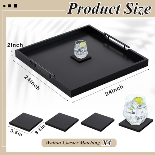 Remagr 24'' Large Square Wood Ottoman Tray, Black, Classic