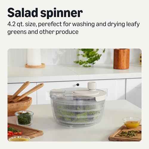 Amazon Basics Salad Spinner with Non-Skid Base and Spin Knob, Removable Basket Colander, 4.2 qt., BPA-Free, Linen Gray