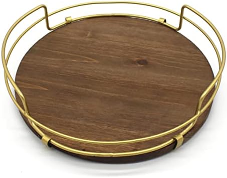 CVHOMEDECO. Decorative Tray with Golden Handle Round Wood Serving Tray
