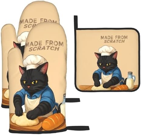 Funny Black Cat Oven Mitts and Pot Holders Set