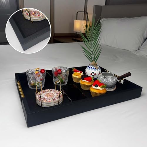 14x20 Inches Black Faux Leather Wrappen Wood Serving Tray with Metal