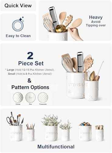 LE TAUCI Kitchen Utensil Holder Set of 2 - 6.9"+5.3" Large Ceramic Cooking Utensil Crock & Organizer for Spatula, Spoon, Whisk - Farmhouse Countertop Storage, Arctic White, Embossed, Bee