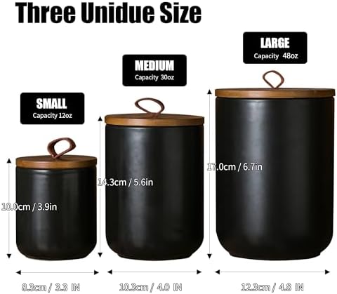 JOJUNO Black Ceramic Canister with Bamboo Lid, 3-Piece Airtight Jars