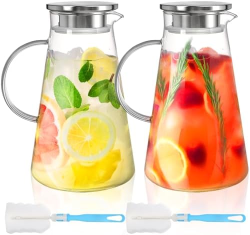 Nicunom 2 Pack 68 oz Glass Pitcher with Lid, BPA-Free Glass Water Jug