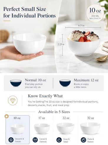 10 OZ White Ceramic Soup Bowls of 6, Small Cereal Bowls for Kitchen