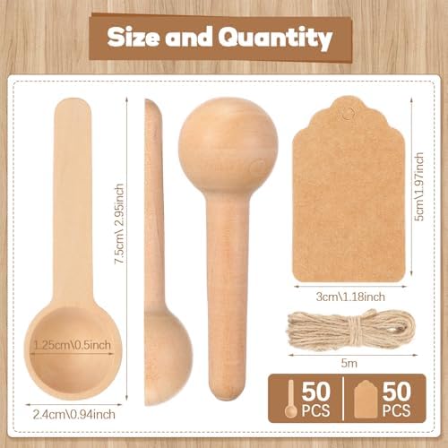 Baderke 50 Sets 3 Inch Small Wooden Spoons with Tags Twine for Honey